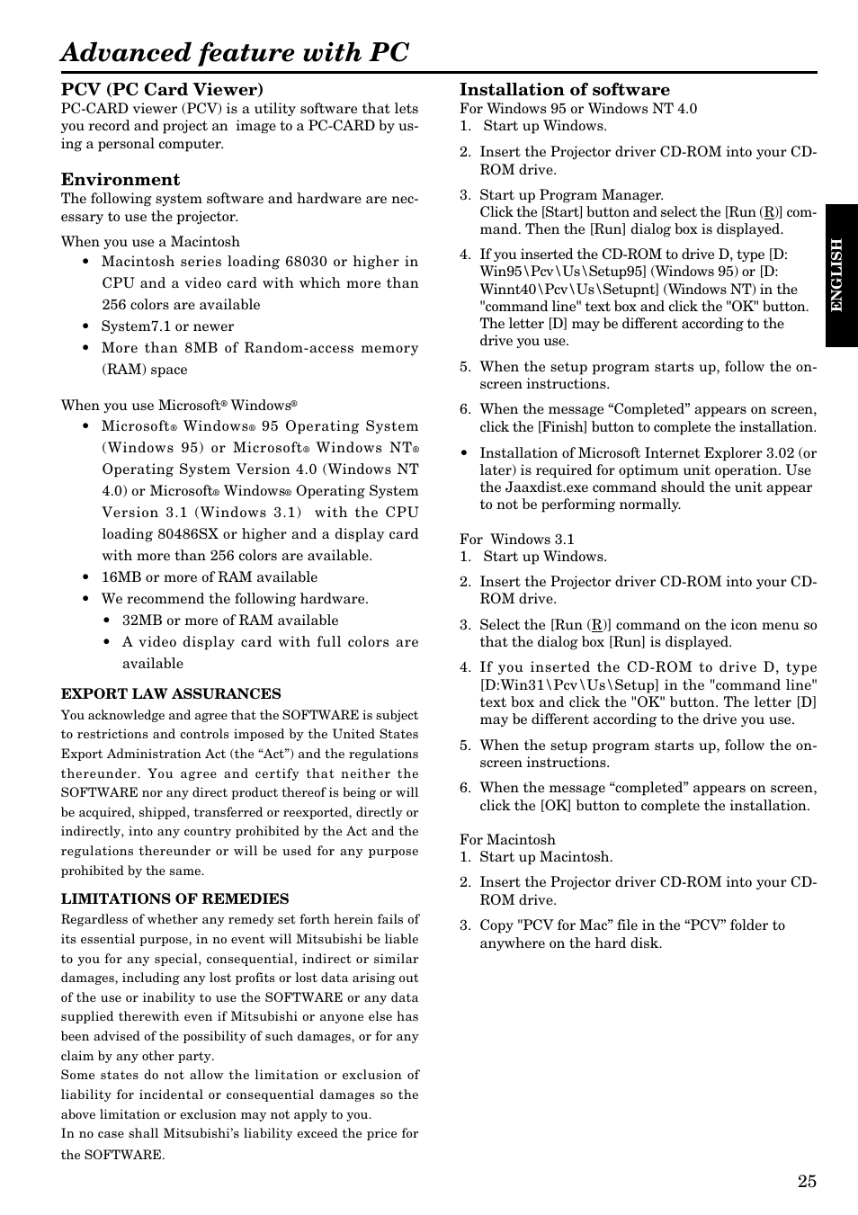 Advanced feature with pc, Pcv (pc card viewer), Environment | Installation of software | MITSUBISHI ELECTRIC LVP-X120A User Manual | Page 25 / 44