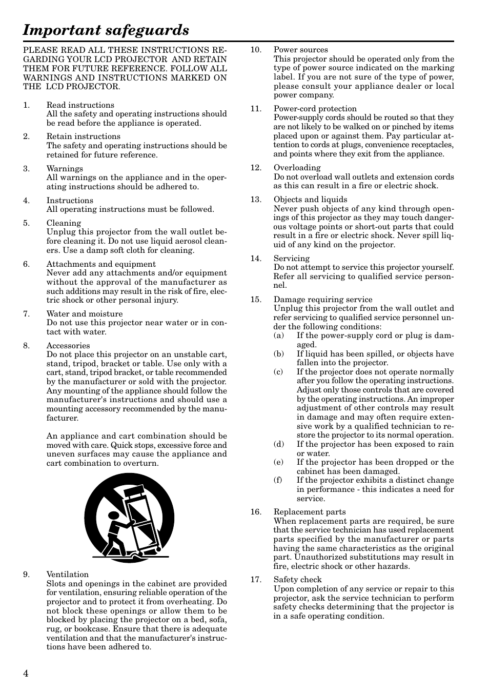 Important safeguards | MITSUBISHI ELECTRIC LVP-X120A User Manual | Page 4 / 44