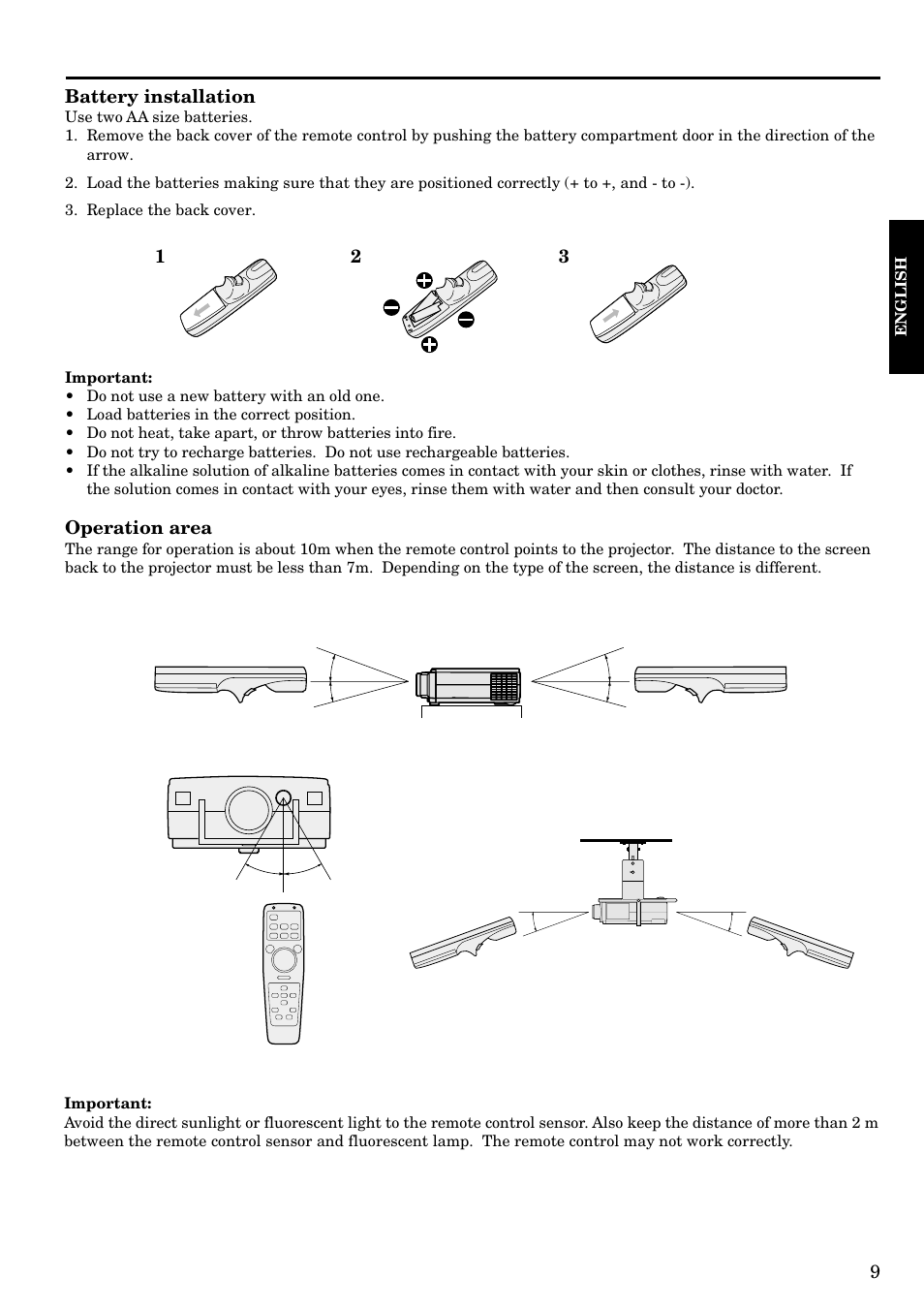 Battery installation, Operation area | MITSUBISHI ELECTRIC LVP-X120A User Manual | Page 9 / 44