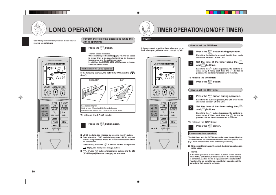 Timer operation (on/off timer), Long operation | MITSUBISHI ELECTRIC MSH24WN User Manual | Page 10 / 32