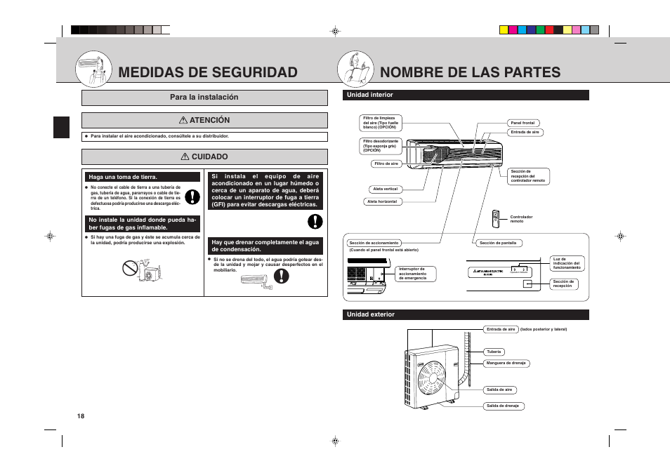 Medidas de seguridad, Nombre de las partes, Para la instalación atención | Cuidado | MITSUBISHI ELECTRIC MSH24WN User Manual | Page 18 / 32