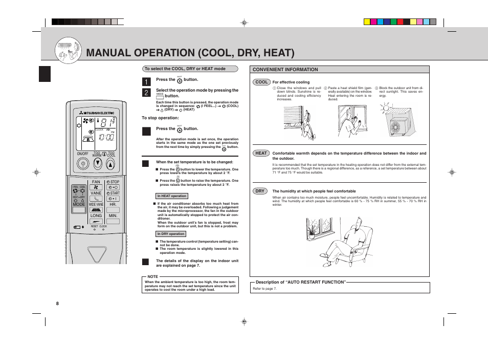 Manual operation (cool, dry, heat) | MITSUBISHI ELECTRIC MSH24WN User Manual | Page 8 / 32