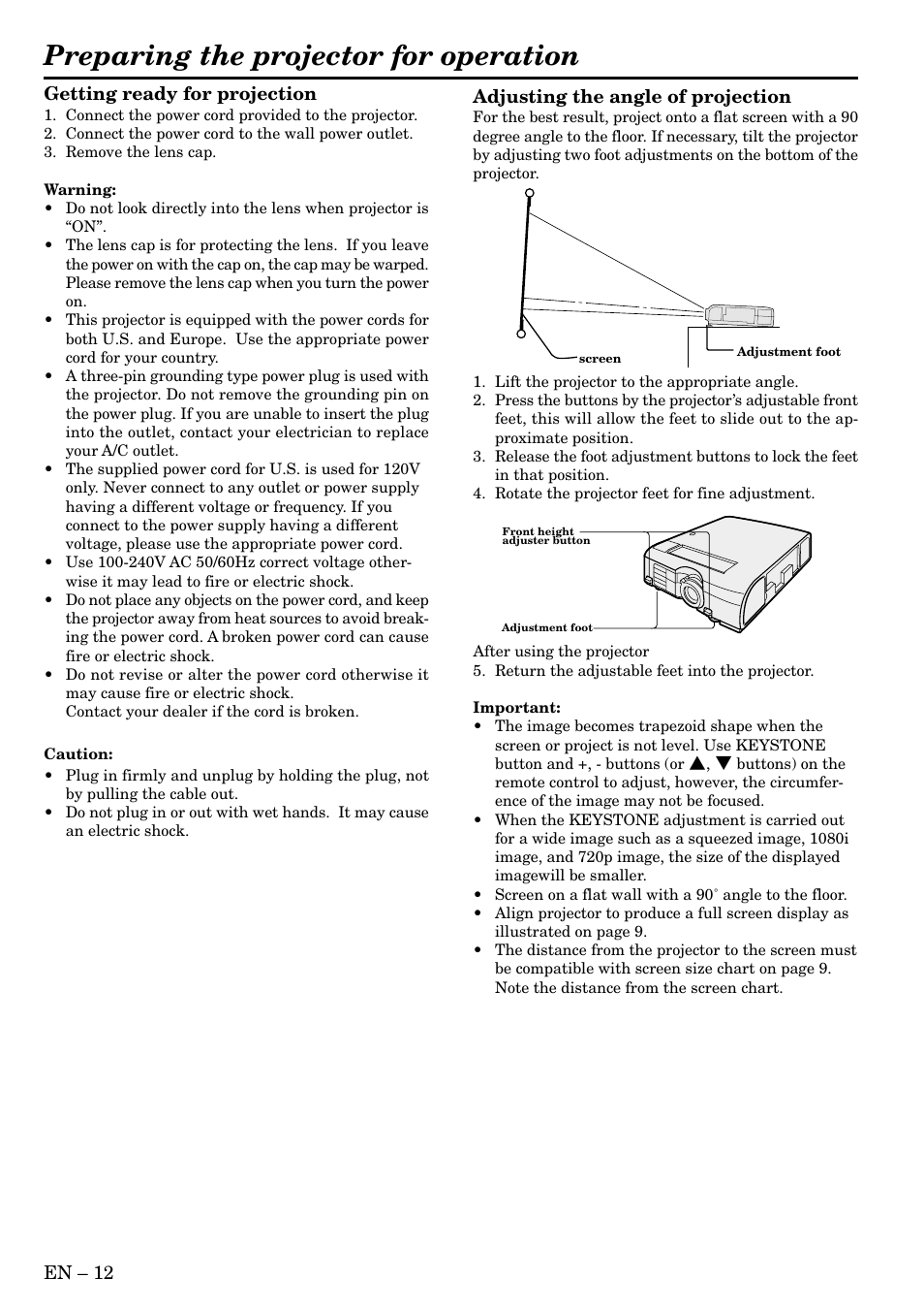 Preparing the projector for operation | MITSUBISHI ELECTRIC SL1U User Manual | Page 12 / 32