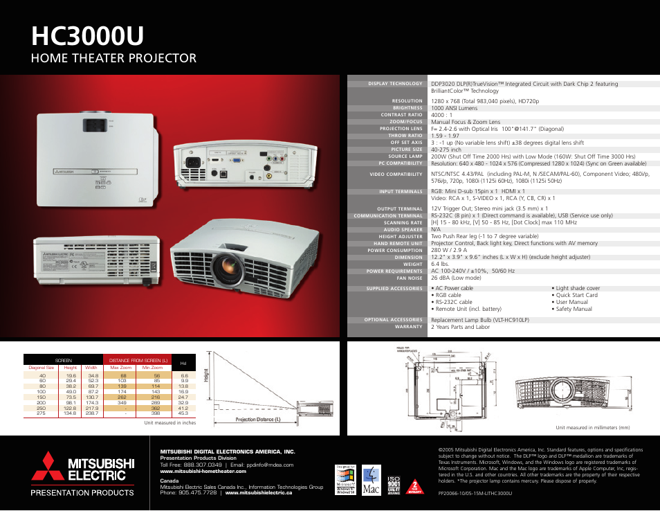 Hc3000u, Home theater projector | MITSUBISHI ELECTRIC hc3000u User Manual | Page 4 / 4