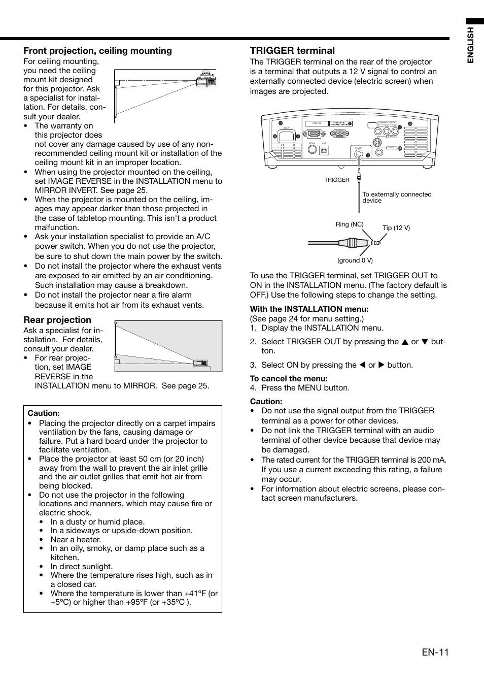 En-11, Trigger terminal, Front projection, ceiling mounting | Rear projection | MITSUBISHI ELECTRIC HC3000 User Manual | Page 11 / 40