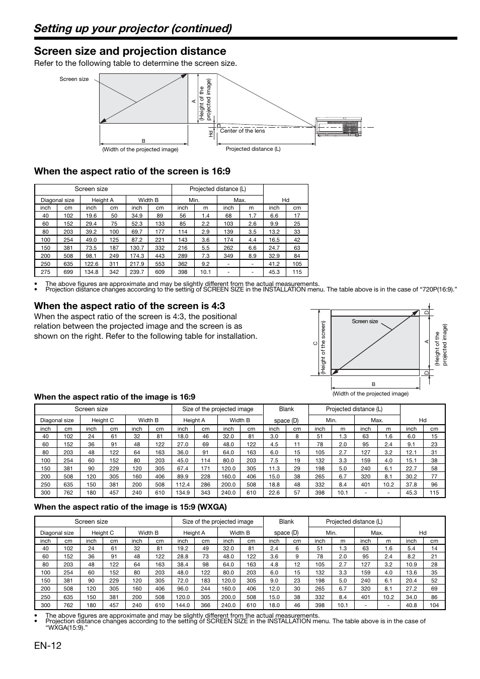 Setting up your projector (continued), Screen size and projection distance, En-12 | MITSUBISHI ELECTRIC HC3000 User Manual | Page 12 / 40