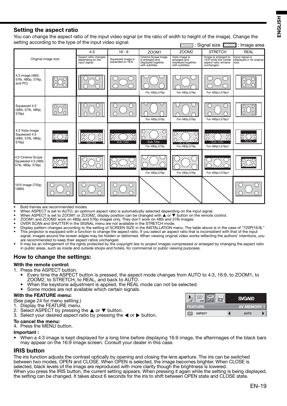 En-19, Setting the aspect ratio, How to change the settings | Iris button, English, Svga60, Signal size : image area | MITSUBISHI ELECTRIC HC3000 User Manual | Page 19 / 40