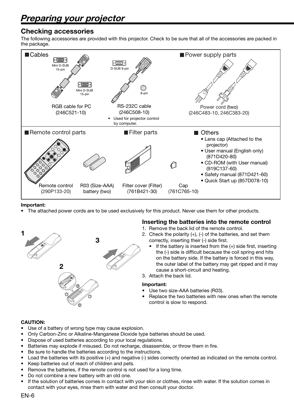 Preparing your projector, 12 3 checking accessories | MITSUBISHI ELECTRIC HC3000 User Manual | Page 6 / 40