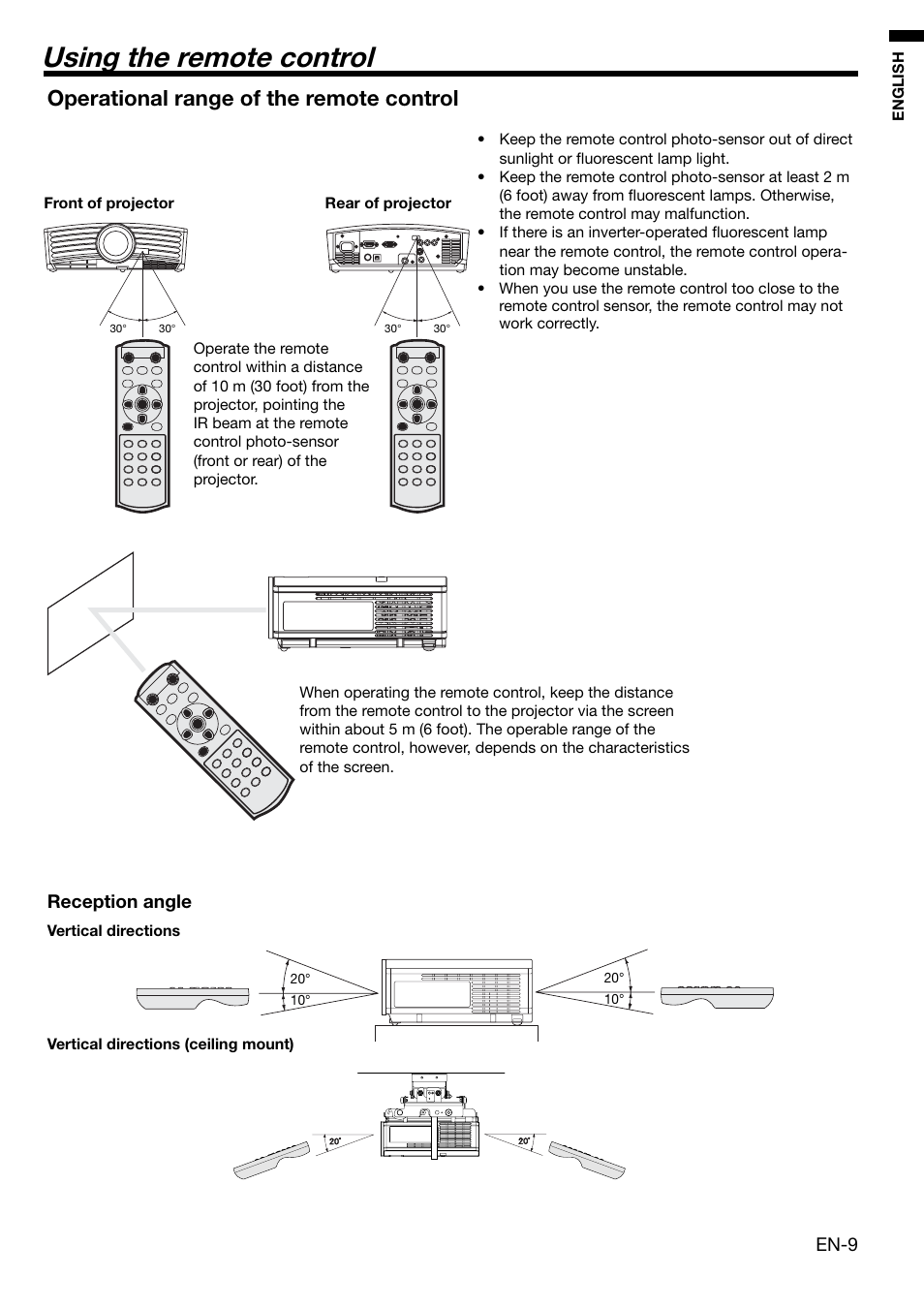 Using the remote control, Operational range of the remote control, En-9 | Reception angle | MITSUBISHI ELECTRIC HC3000 User Manual | Page 9 / 40