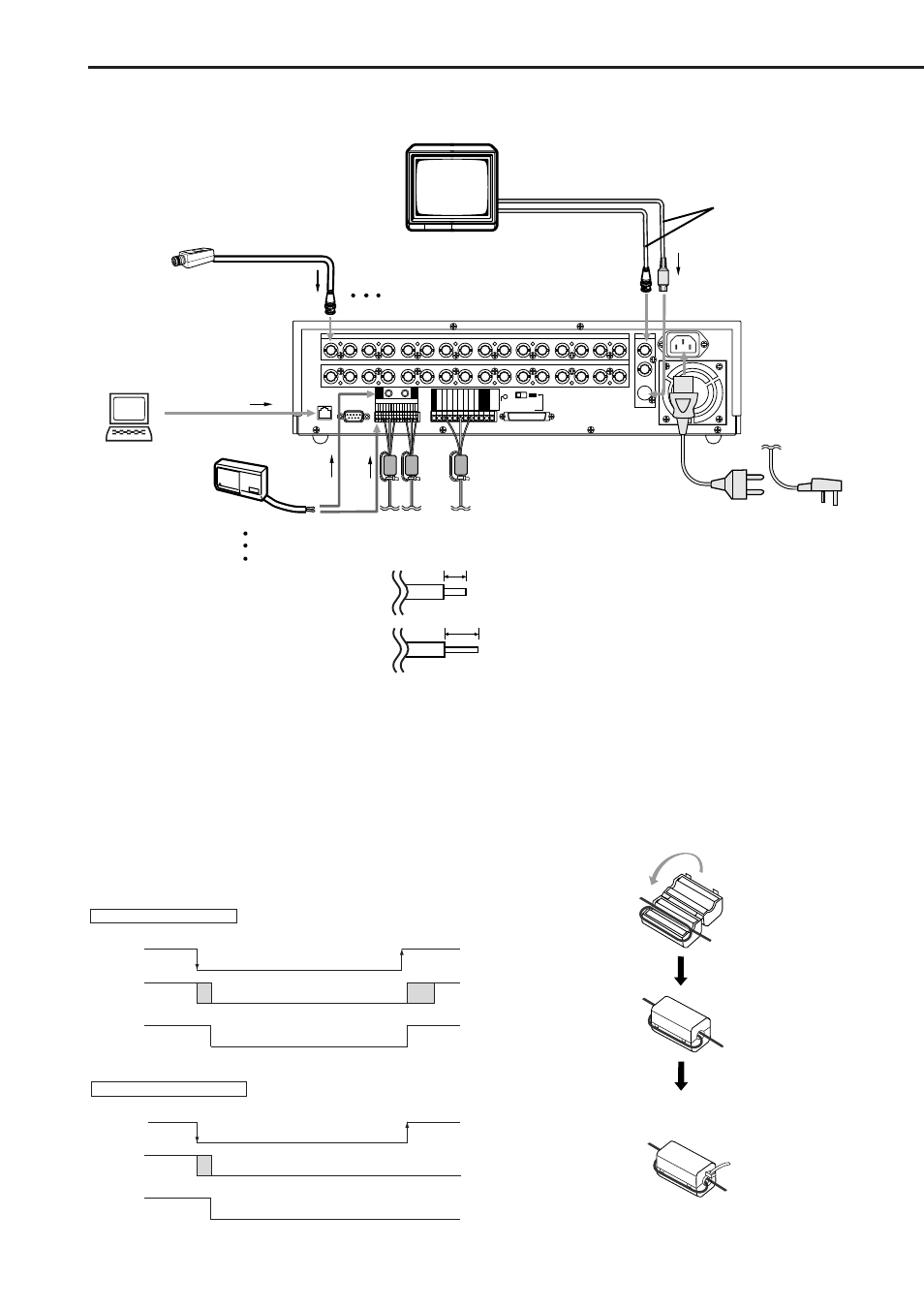 Connections, Turning on/off this unit by peripheral source, Attaching the ferrite core | Processing the connecting line, Monitor, Camera #1, Power cord for u.k for the continent, Sensor #1, Using power on terminal, Ground 0v power off | MITSUBISHI ELECTRIC DX-TL1600EM User Manual | Page 18 / 86