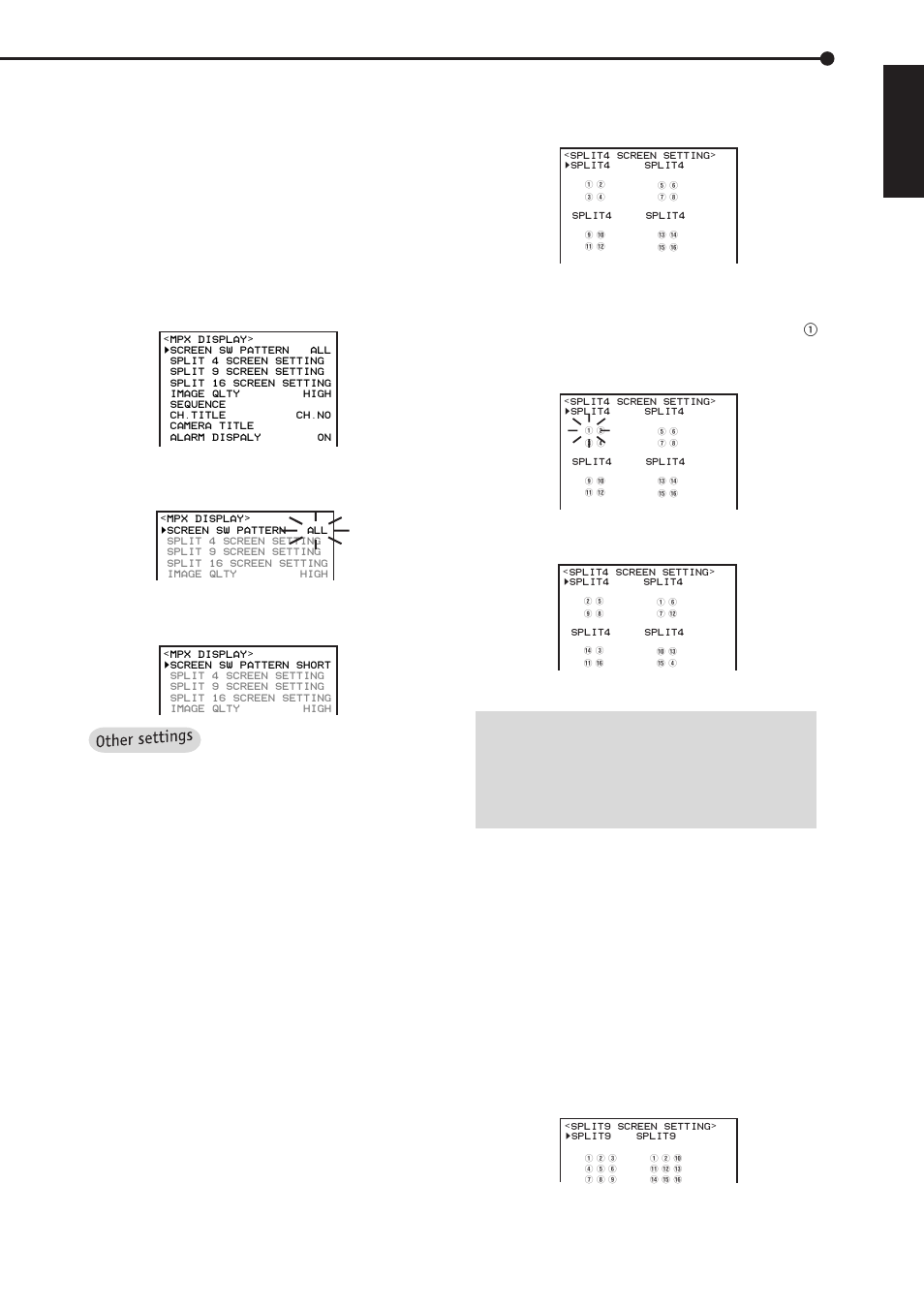 Operations english, Multiplexer display, Split 9 screen setting | Screen sw pattern settings, Split 4 screen setting | MITSUBISHI ELECTRIC DX-TL1600EM User Manual | Page 43 / 86