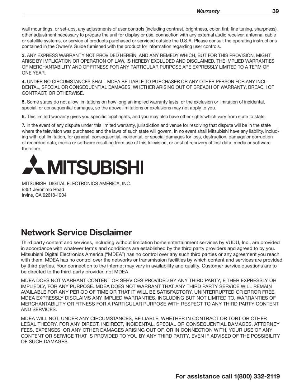 Network service disclaimer | MITSUBISHI ELECTRIC UNISEN 164 SERIES User Manual | Page 39 / 40