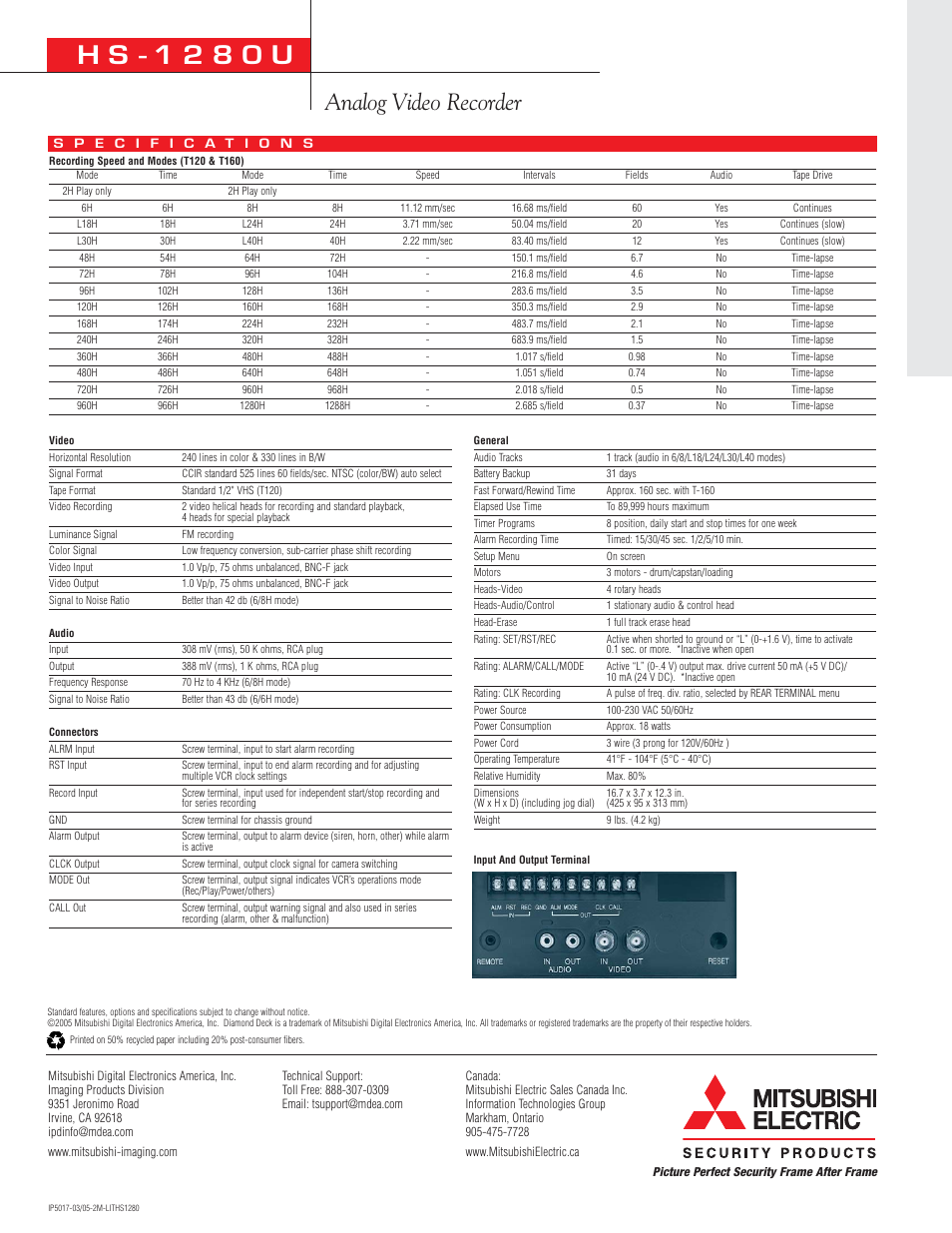 H s - 1 2 8 0 u, Analog video recorder | MITSUBISHI ELECTRIC ANALOG VIDEO RECORDER HS-1280U User Manual | Page 2 / 2