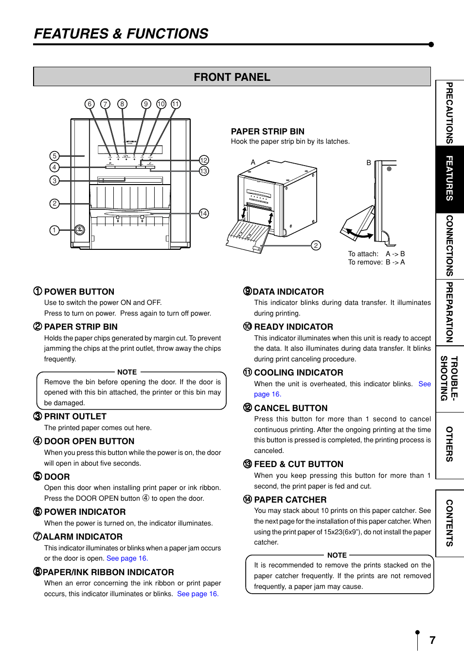 Tures, Connections, Features and functions -8 | Front panel, Features & functions | MITSUBISHI ELECTRIC CP9600DW-S User Manual | Page 10 / 24