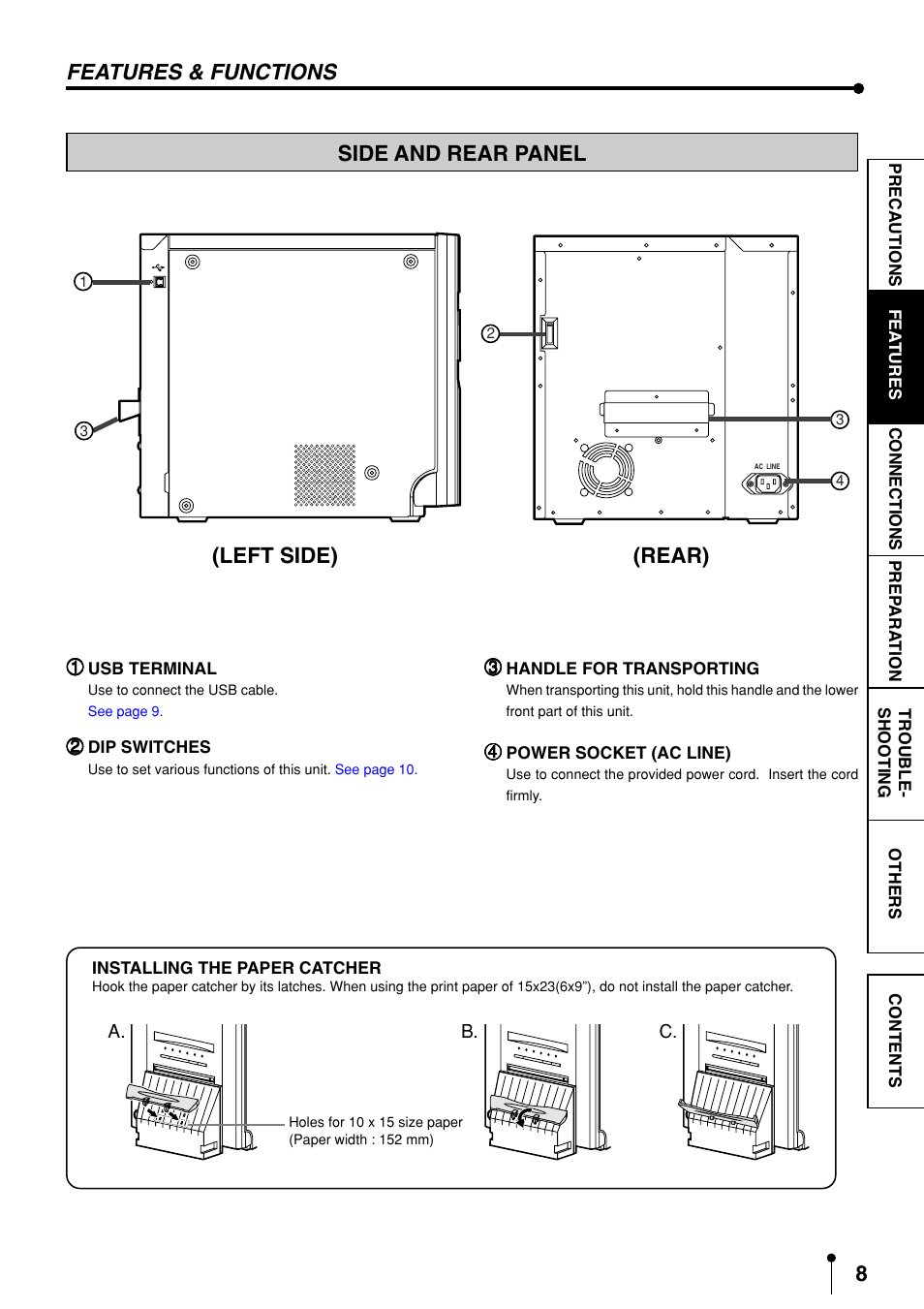 Side and rear panel, Side and rear panel features & functions, Left side) (rear) | MITSUBISHI ELECTRIC CP9600DW-S User Manual | Page 11 / 24