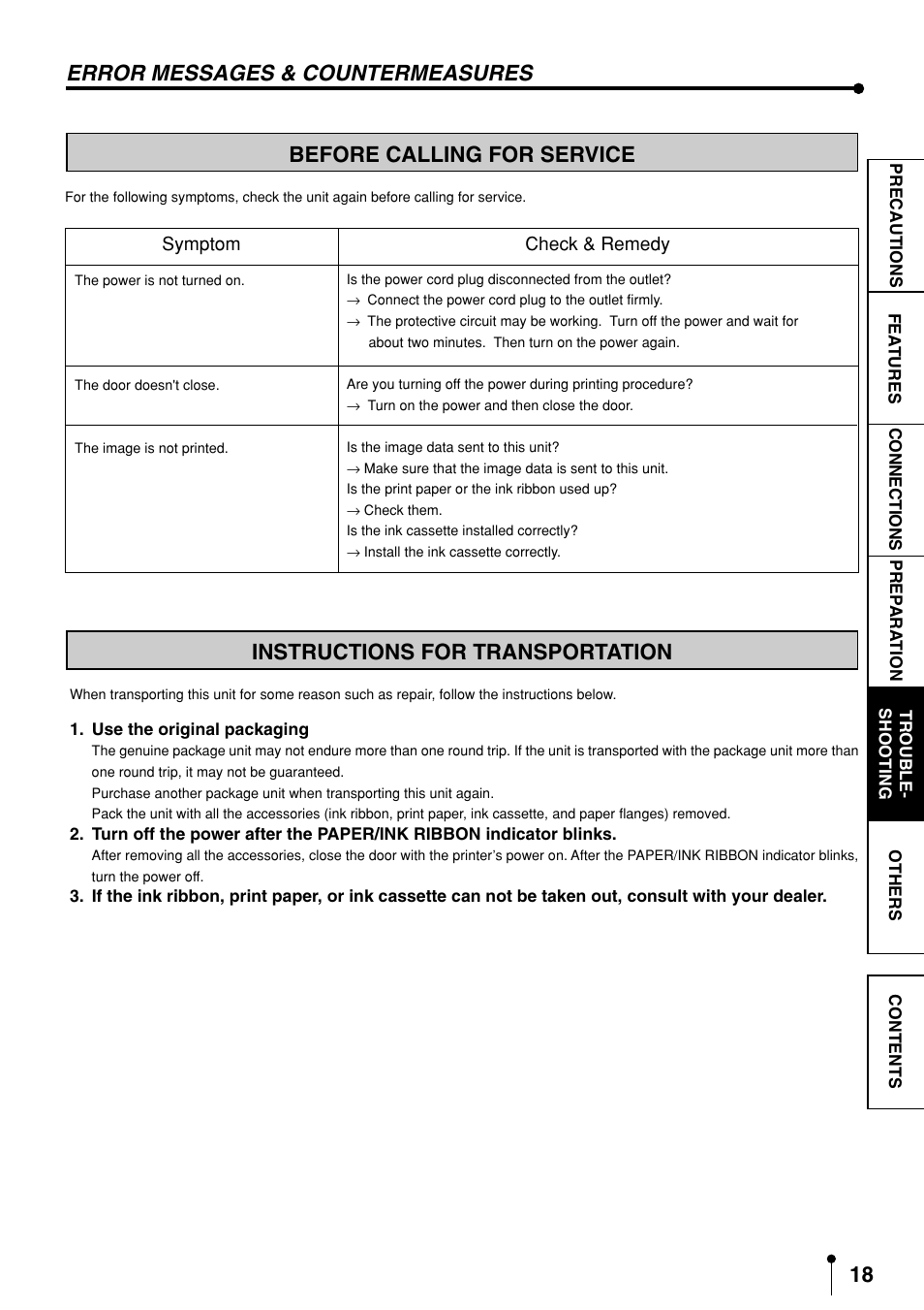 Before calling for service, Instructions for transportation, Error messages & countermeasures | MITSUBISHI ELECTRIC CP9600DW-S User Manual | Page 21 / 24