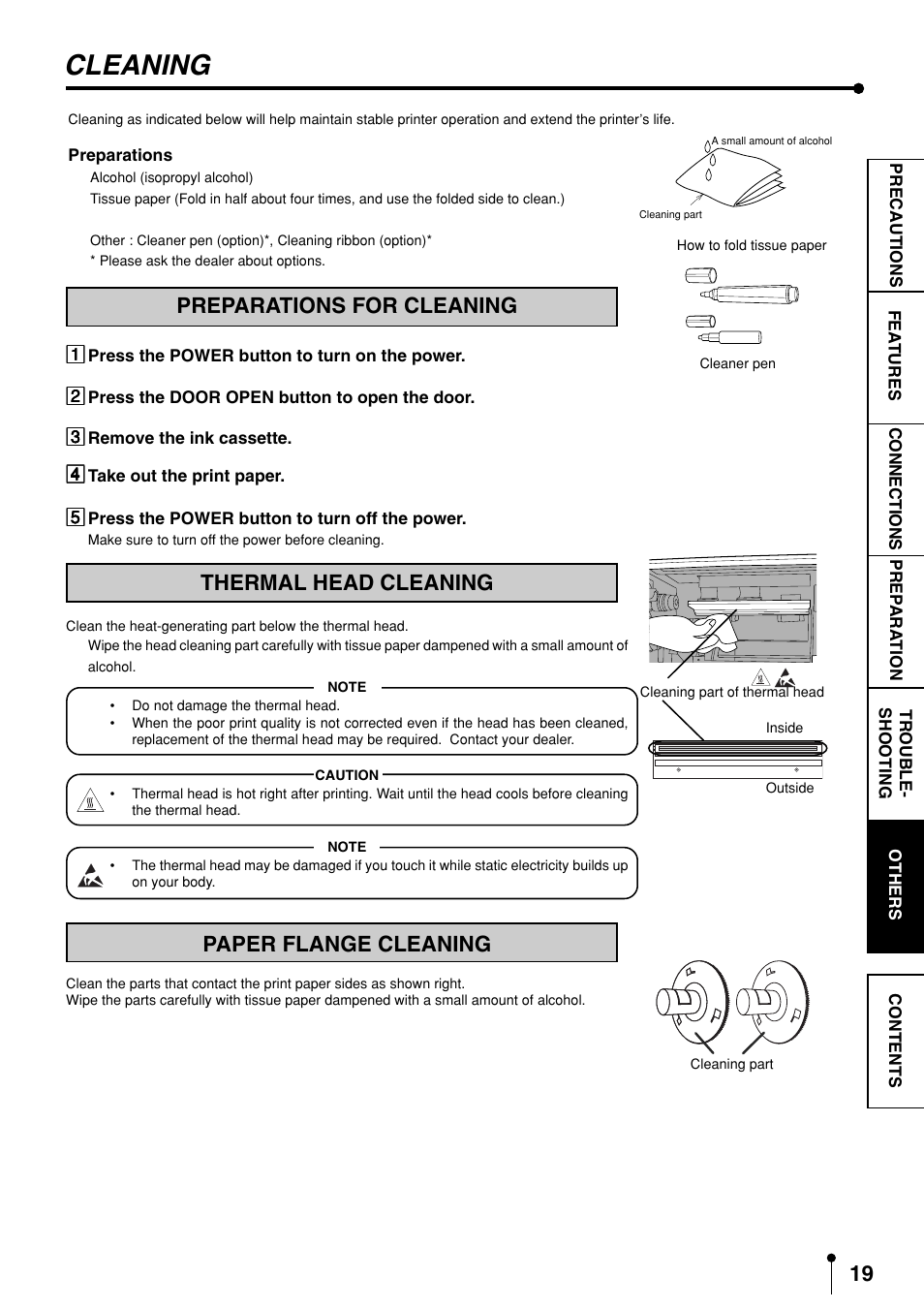 Others, Cleaning, Preparations for cleaning | Thermal head cleaning, Paper flange cleaning | MITSUBISHI ELECTRIC CP9600DW-S User Manual | Page 22 / 24
