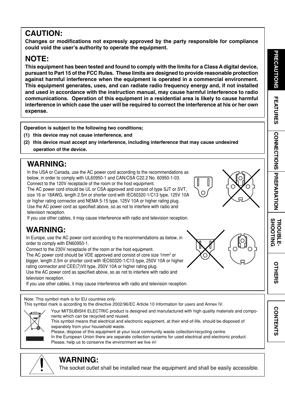 Caution, Warning | MITSUBISHI ELECTRIC CP9600DW-S User Manual | Page 3 / 24