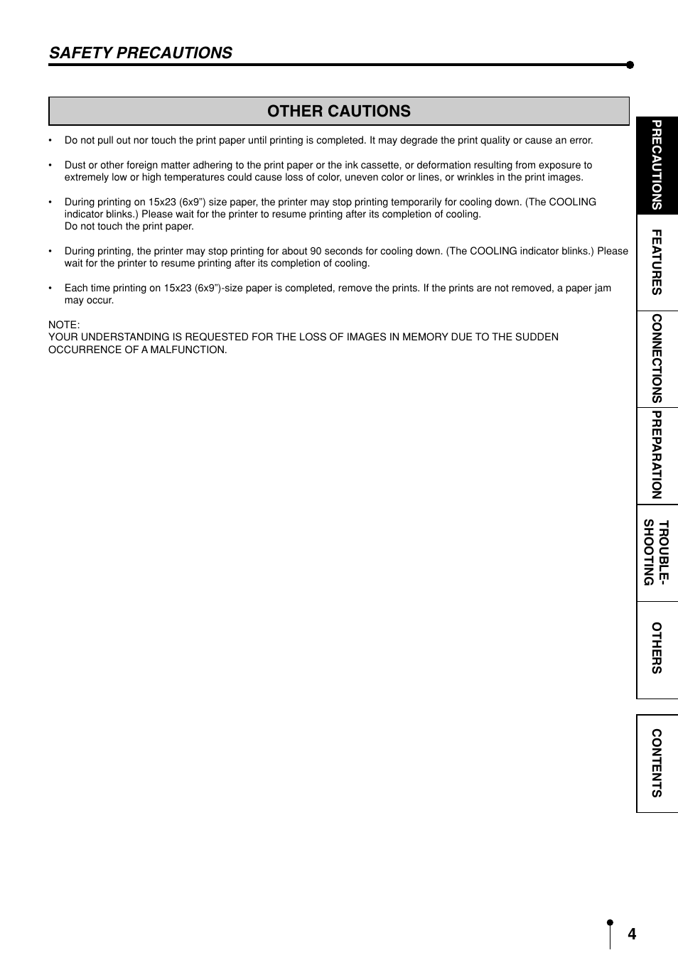 Other cautions, Safety precautions | MITSUBISHI ELECTRIC CP9600DW-S User Manual | Page 7 / 24