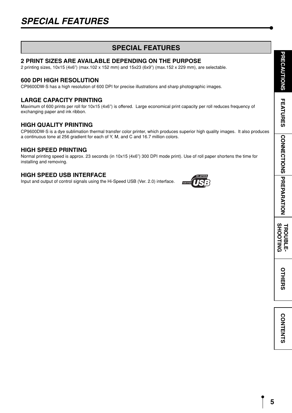 Special features | MITSUBISHI ELECTRIC CP9600DW-S User Manual | Page 8 / 24