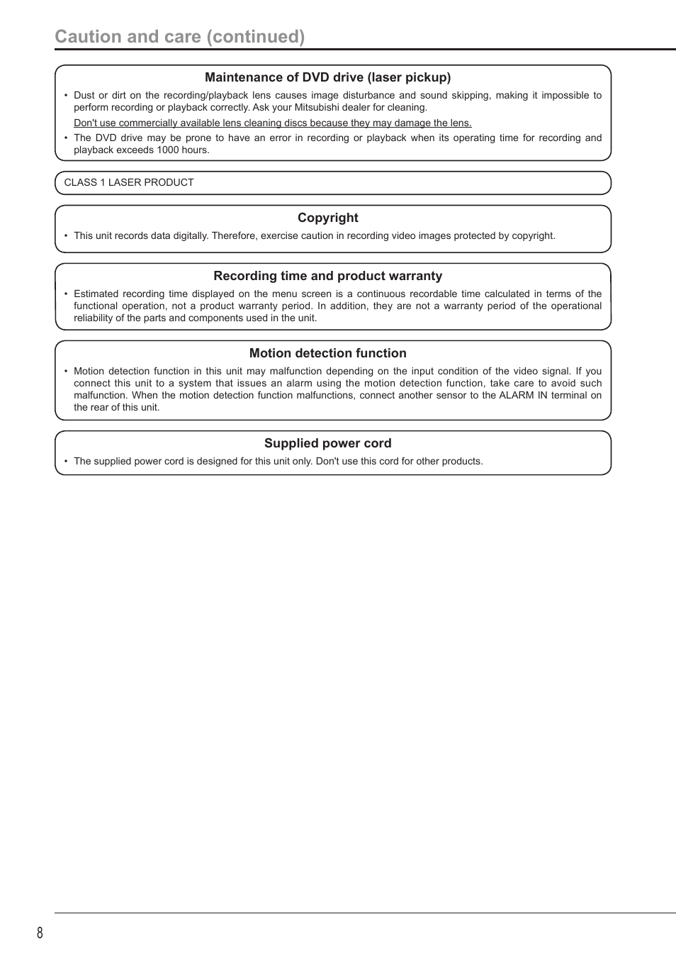 Caution and care (continued) | MITSUBISHI ELECTRIC MITSUBISHI ELECTRIC DX-TL5716U User Manual | Page 12 / 24