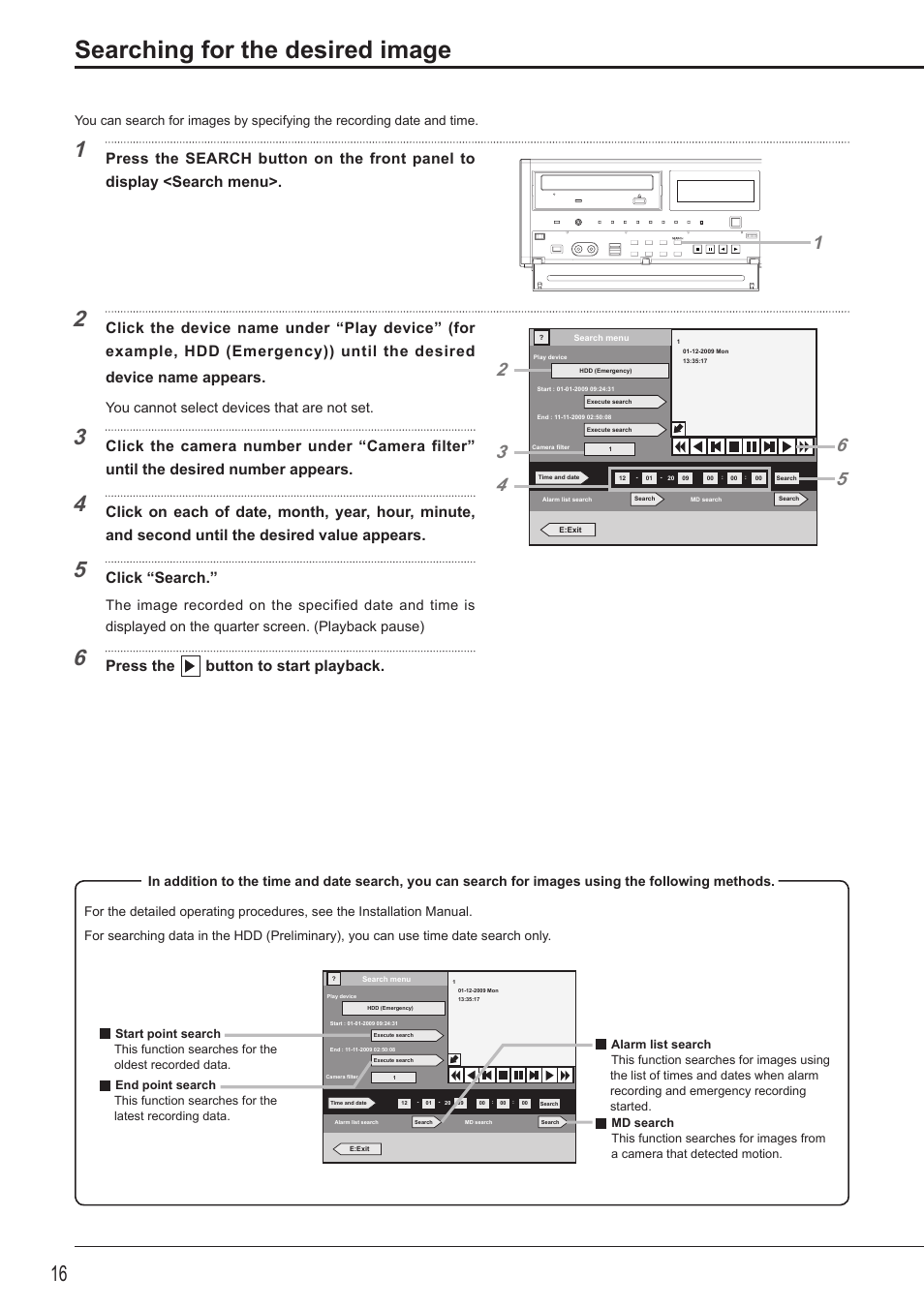 Searching for the desired image, Click “search, Press the button to start playback | You cannot select devices that are not set | MITSUBISHI ELECTRIC MITSUBISHI ELECTRIC DX-TL5716U User Manual | Page 20 / 24