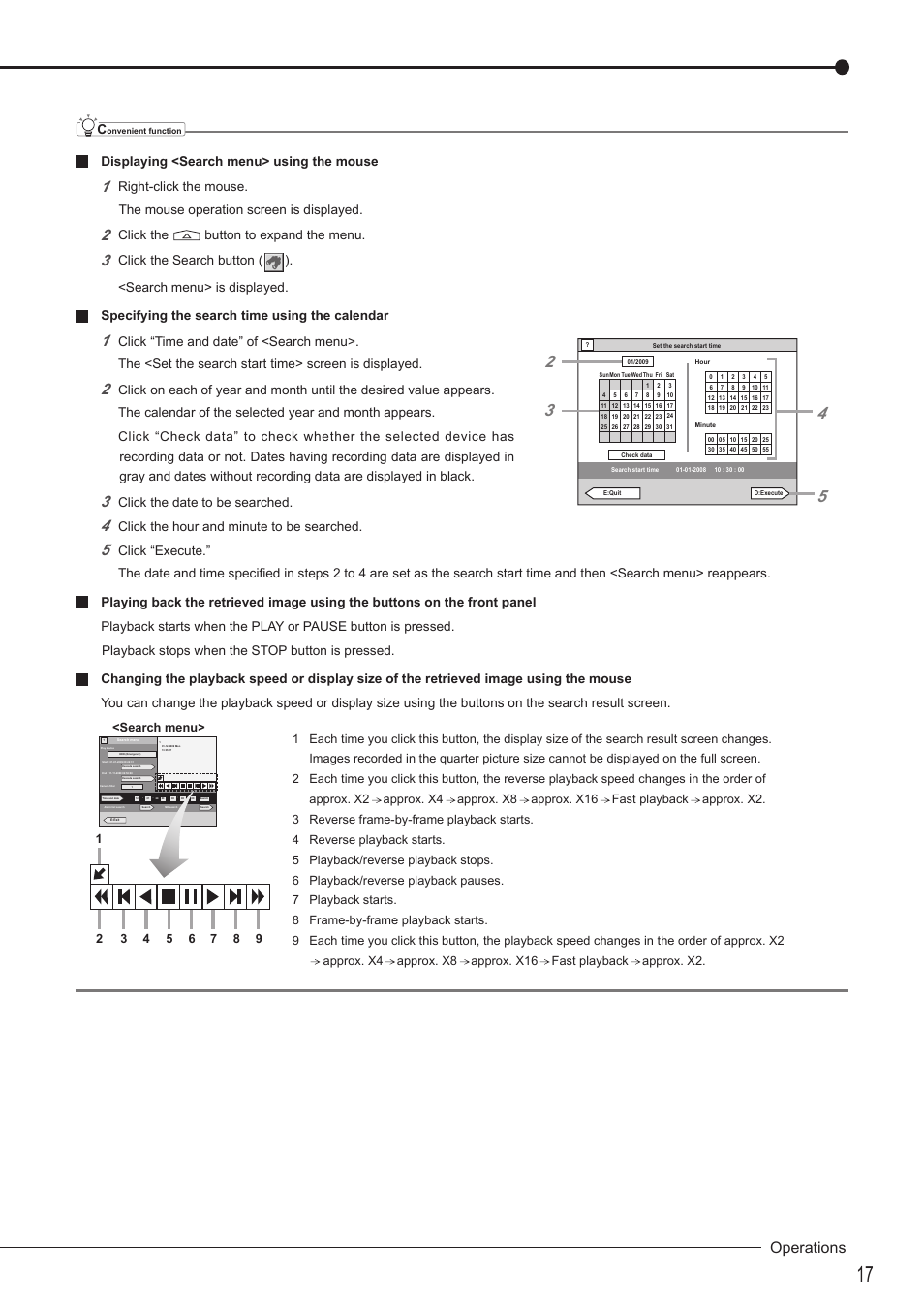 Operations, Displaying <search menu> using the mouse, Click the button to expand the menu | Click the date to be searched, Click the hour and minute to be searched | MITSUBISHI ELECTRIC MITSUBISHI ELECTRIC DX-TL5716U User Manual | Page 21 / 24