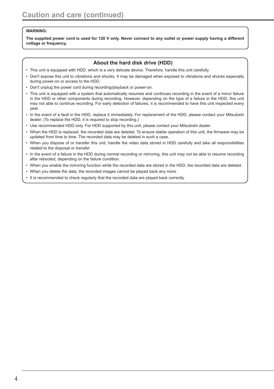 Caution and care (continued) | MITSUBISHI ELECTRIC MITSUBISHI ELECTRIC DX-TL5716U User Manual | Page 8 / 24