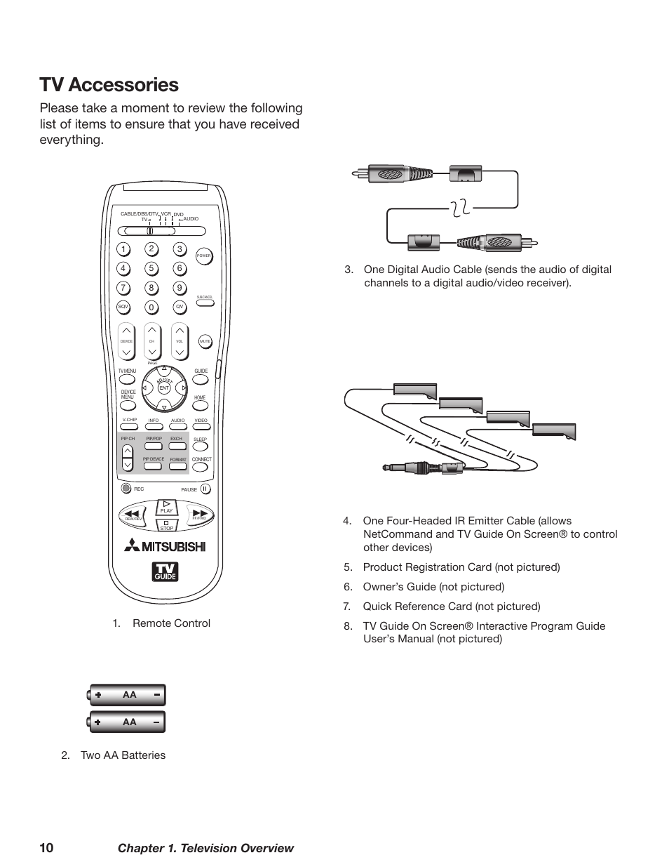 Tv accessories, Chapter 1. television overview | MITSUBISHI ELECTRIC WD-62628 User Manual | Page 10 / 124