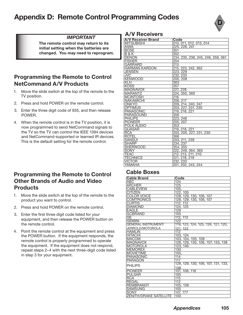 Appendix d: remote control programming codes, A/v receivers, Appendices 105 | Important | MITSUBISHI ELECTRIC WD-62628 User Manual | Page 105 / 124