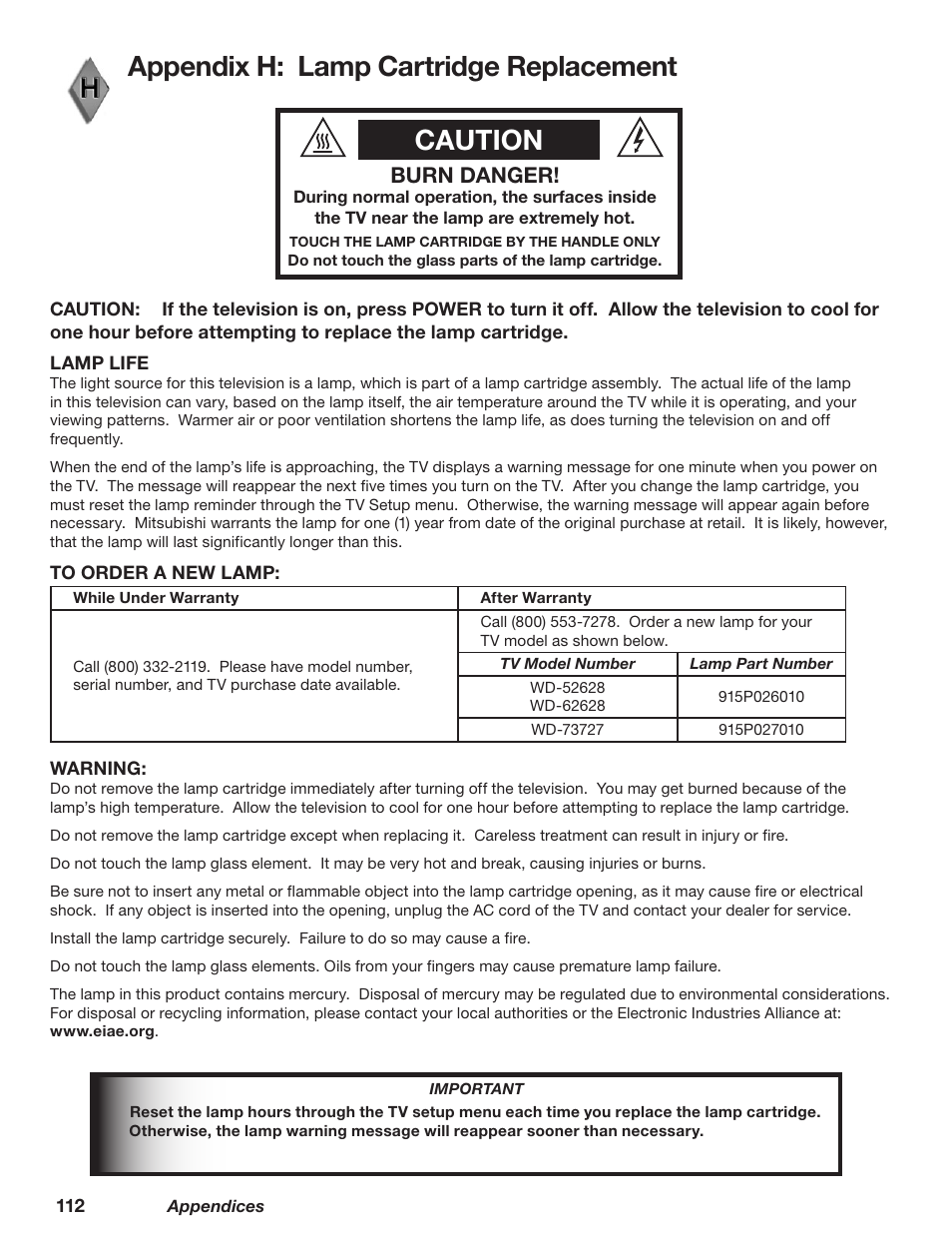 Appendix h: lamp cartridge replacement, Caution, Burn danger | MITSUBISHI ELECTRIC WD-62628 User Manual | Page 112 / 124