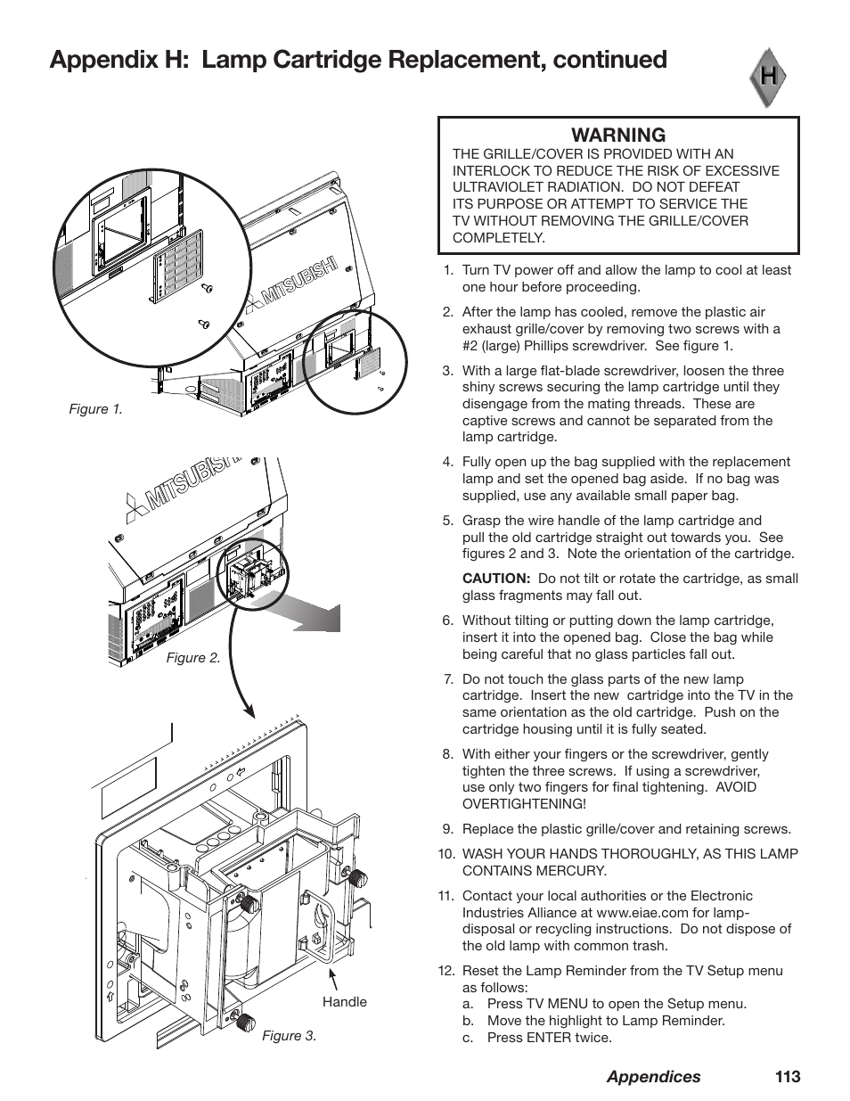 Appendix h: lamp cartridge replacement, continued, Warning | MITSUBISHI ELECTRIC WD-62628 User Manual | Page 113 / 124