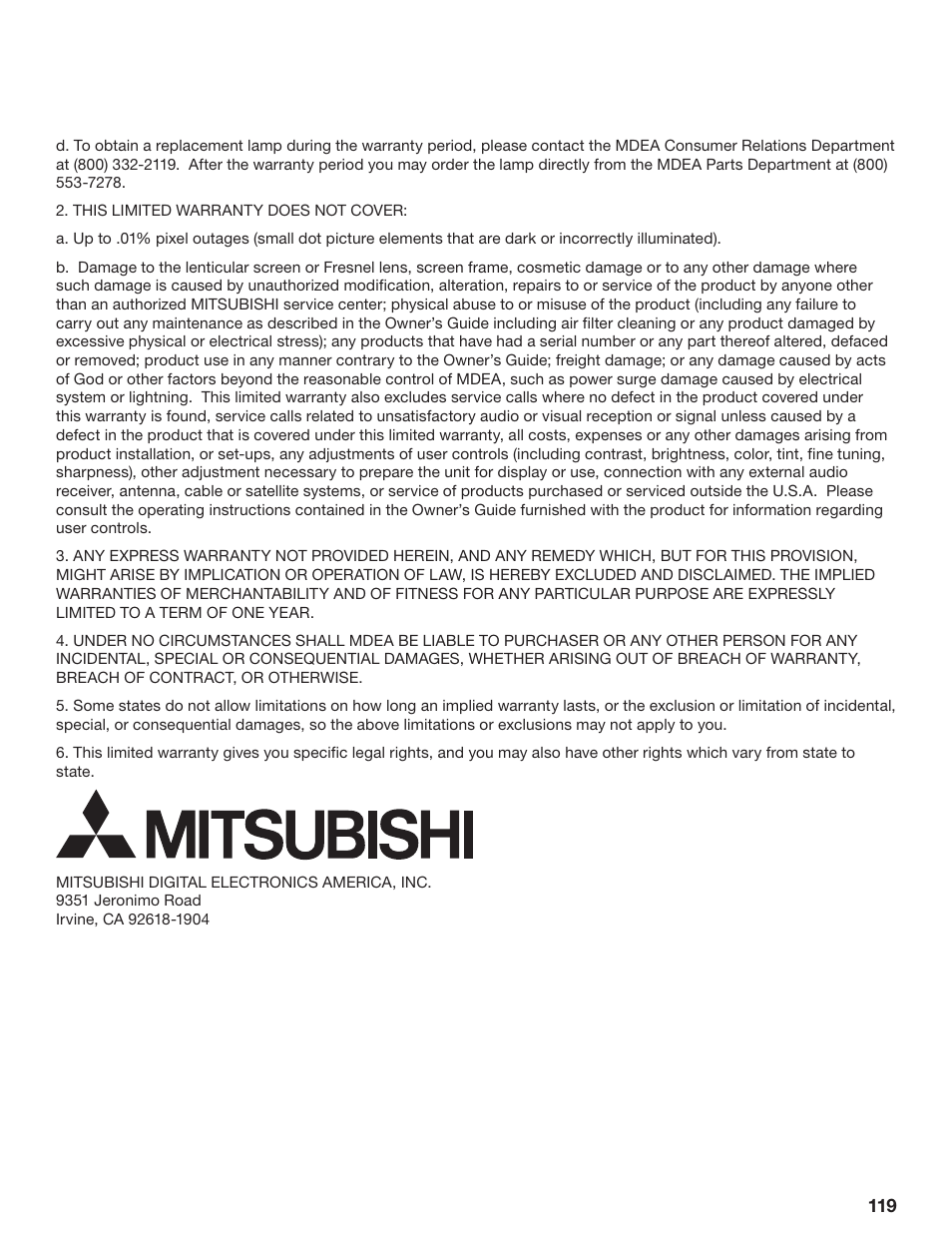 MITSUBISHI ELECTRIC WD-62628 User Manual | Page 119 / 124