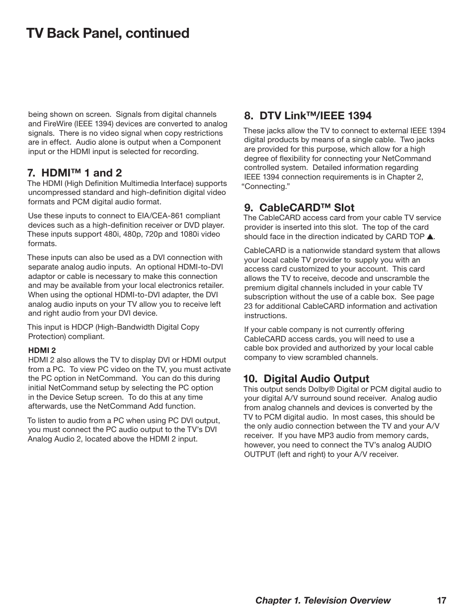 Tv back panel, continued, Hdmi™ 1 and 2, Dtv link™/ieee 139 | Cablecard™ slot, Digital audio output | MITSUBISHI ELECTRIC WD-62628 User Manual | Page 17 / 124