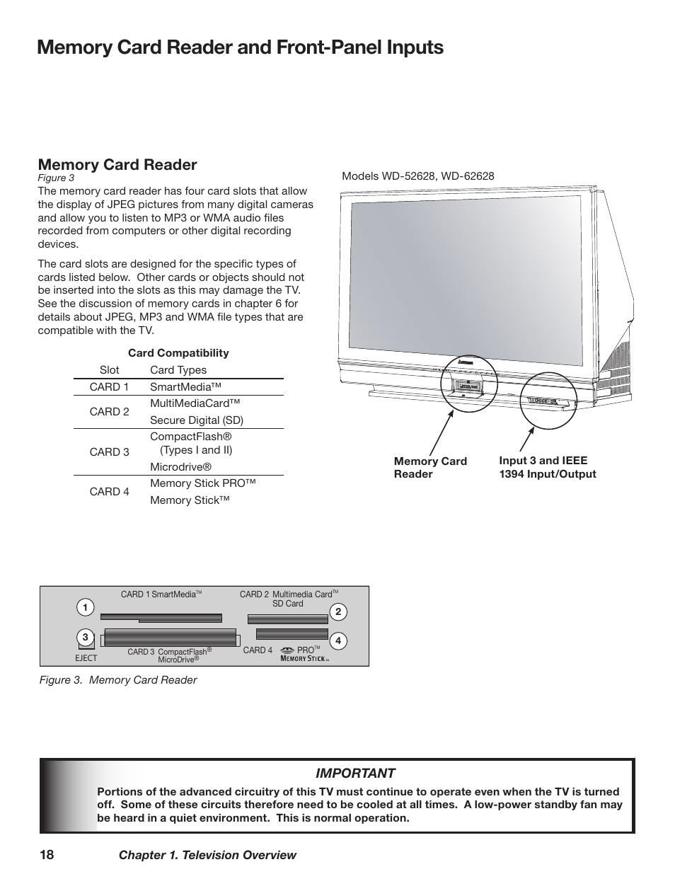 Memory card reader, Important | MITSUBISHI ELECTRIC WD-62628 User Manual | Page 18 / 124