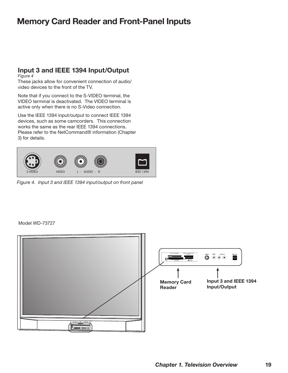 Input 3 and ieee 139 input/output, Chapter 1. television overview 19 | MITSUBISHI ELECTRIC WD-62628 User Manual | Page 19 / 124