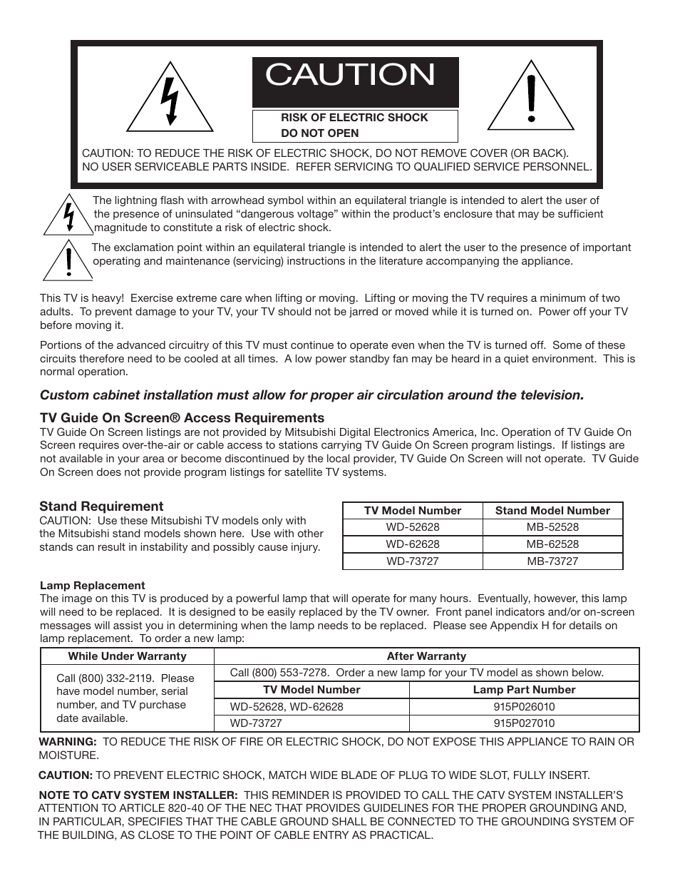 Caution | MITSUBISHI ELECTRIC WD-62628 User Manual | Page 2 / 124