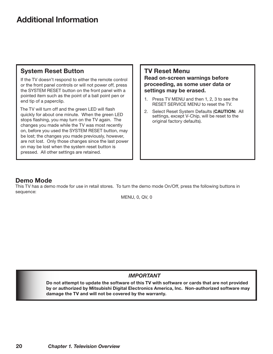 System reset button, Tv reset menu, Additional information | MITSUBISHI ELECTRIC WD-62628 User Manual | Page 20 / 124