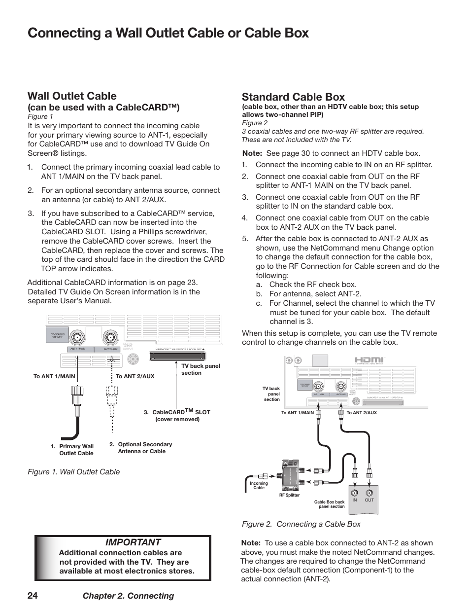 Wall outlet cable, Standard cable box, Connecting a wall outlet cable or cable box | Important, Can be used with a cablecard™), Chapter 2. connecting, Figure 1. wall outlet cable, Figure 1 | MITSUBISHI ELECTRIC WD-62628 User Manual | Page 24 / 124