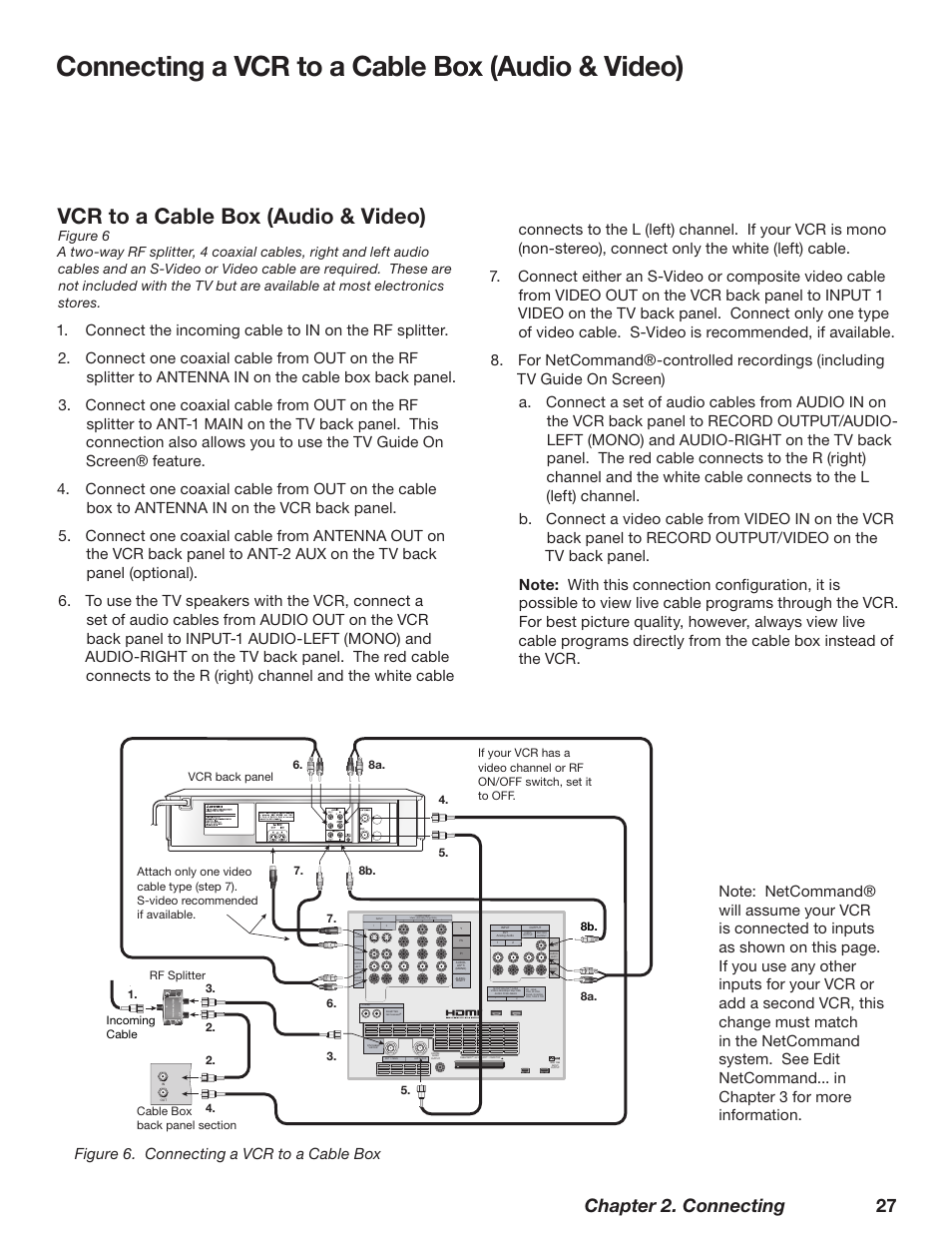 Vcr to a cable box (audio & video), Connecting a vcr to a cable box (audio & video), Chapter 2. connecting 27 | Use with | MITSUBISHI ELECTRIC WD-62628 User Manual | Page 27 / 124