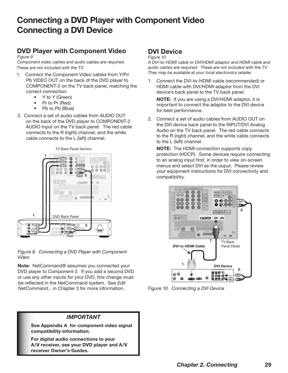 Dvd player with component video, Dvi device, Chapter 2. connecting 29 | Important, Figure 10. connecting a dvi device, Use with, 57#bdl1bofm4fdujpo, 7%#bdl1bofm 3fe 8ijuf, 8ijuf, 7*%fwjdf | MITSUBISHI ELECTRIC WD-62628 User Manual | Page 29 / 124