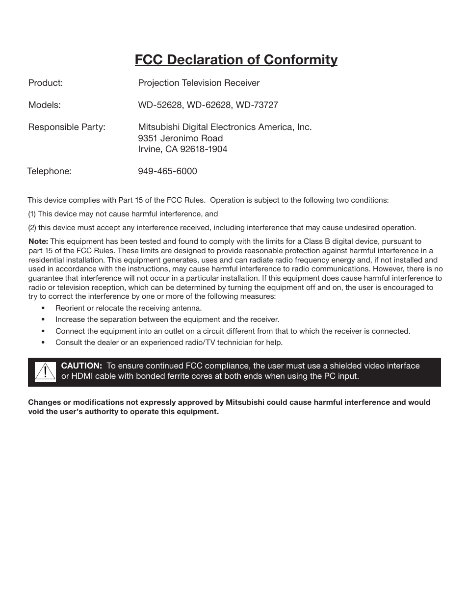 Fcc declaration of conformity | MITSUBISHI ELECTRIC WD-62628 User Manual | Page 3 / 124