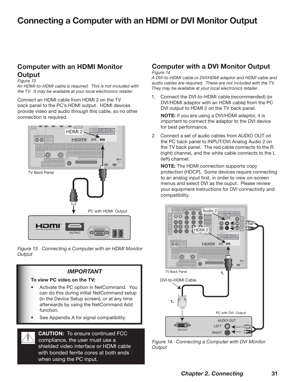 Computer with an hdmi monitor output, Computer with a dvi monitor output, Chapter 2. connecting 31 | Important, 7*up)%.*$bcmf   )%.* "vejp, 57#bdl1bofm, 1$xjui)%.*0vuqvu | MITSUBISHI ELECTRIC WD-62628 User Manual | Page 31 / 124