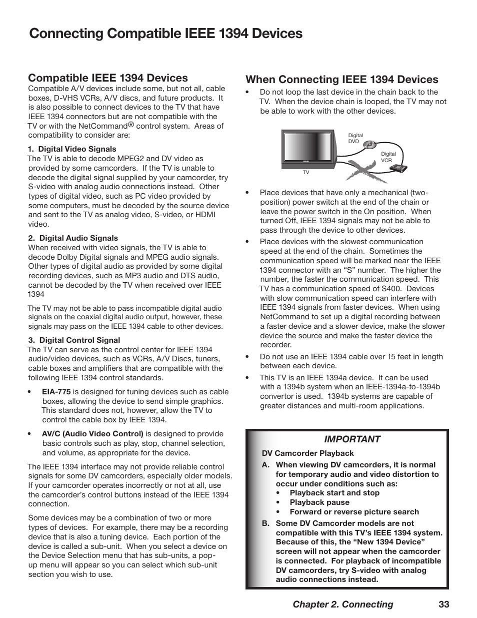 Compatible ieee 1394 devices, Compatible ieee 139 devices, Connecting compatible ieee 139 devices | When connecting ieee 139 devices | MITSUBISHI ELECTRIC WD-62628 User Manual | Page 33 / 124