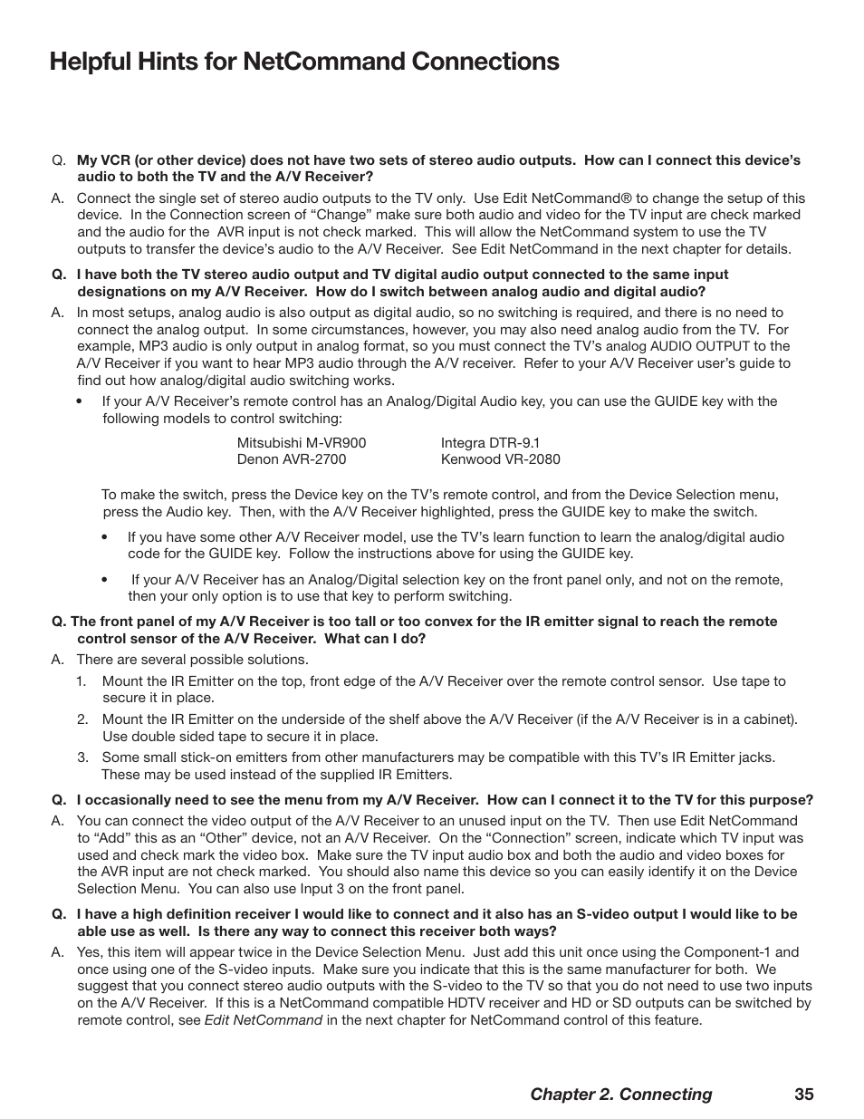 Helpful hints for netcommand connections | MITSUBISHI ELECTRIC WD-62628 User Manual | Page 35 / 124