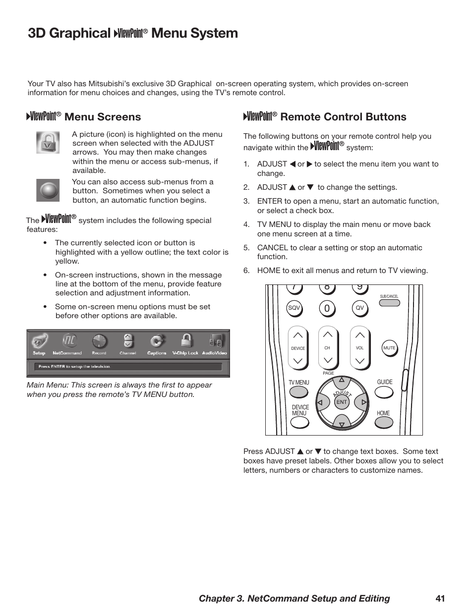 3d graphical ￼ menu system, 3d graphical, Menu system | 3d graphical menu system, Remote control buttons, Menu screens, Chapter 3. netcommand setup and editing 1 | MITSUBISHI ELECTRIC WD-62628 User Manual | Page 41 / 124