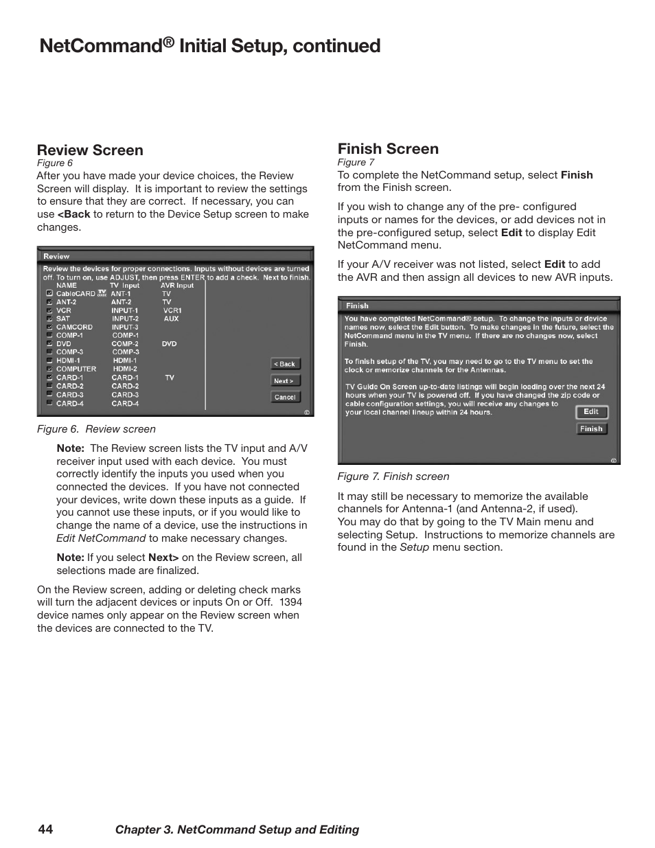 Netcommand, Initial setup, continued, Review screen | Finish screen | MITSUBISHI ELECTRIC WD-62628 User Manual | Page 44 / 124