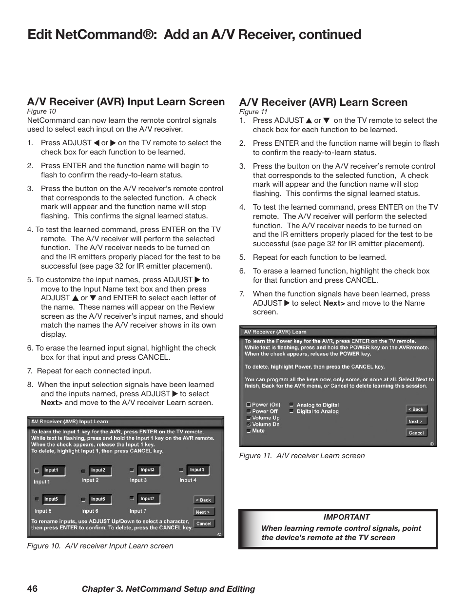 Edit netcommand®: add an a/v receiver, continued, A/v receiver (avr) learn screen, A/v receiver (avr) input learn screen | MITSUBISHI ELECTRIC WD-62628 User Manual | Page 46 / 124