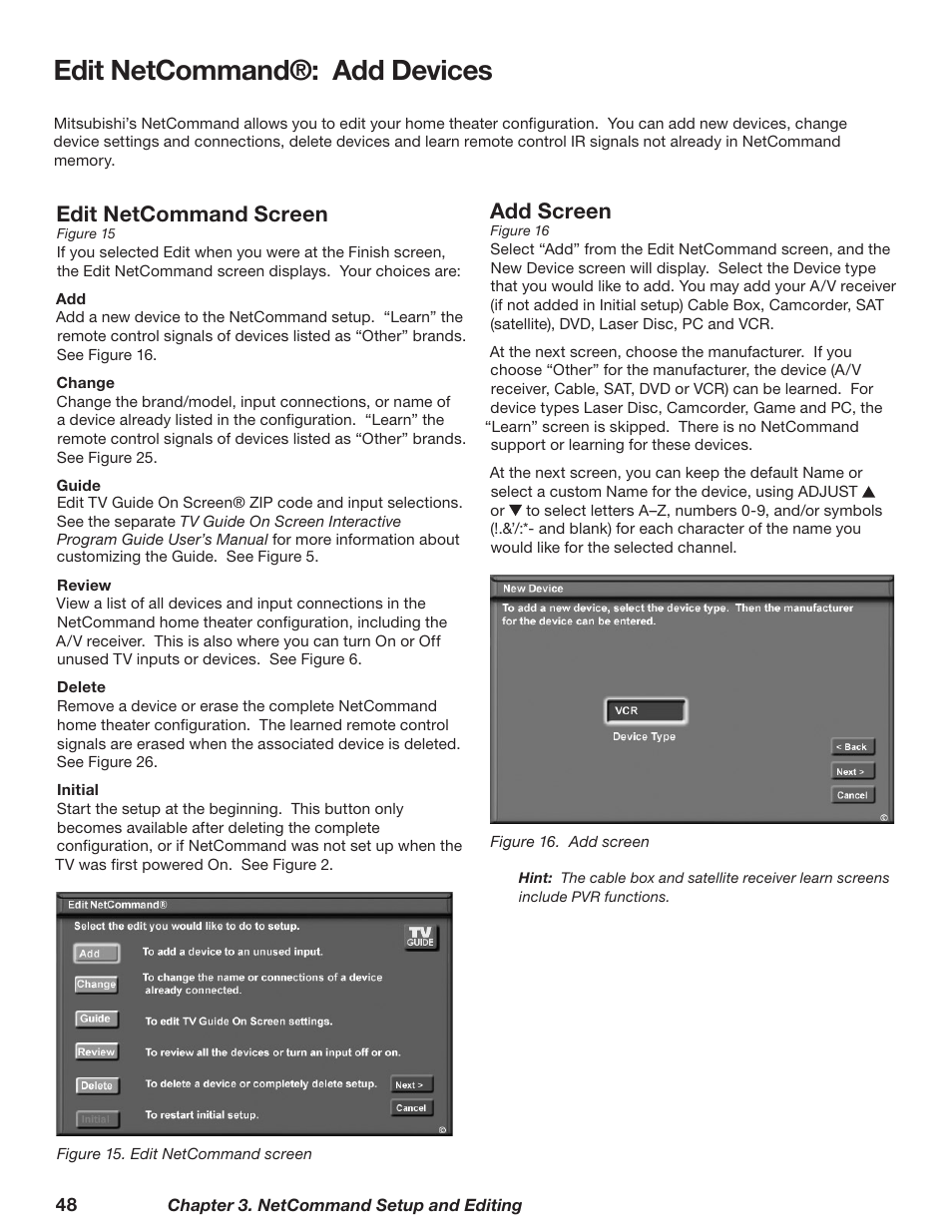 Edit netcommand®: add devices, Edit netcommand screen, Add screen | MITSUBISHI ELECTRIC WD-62628 User Manual | Page 48 / 124