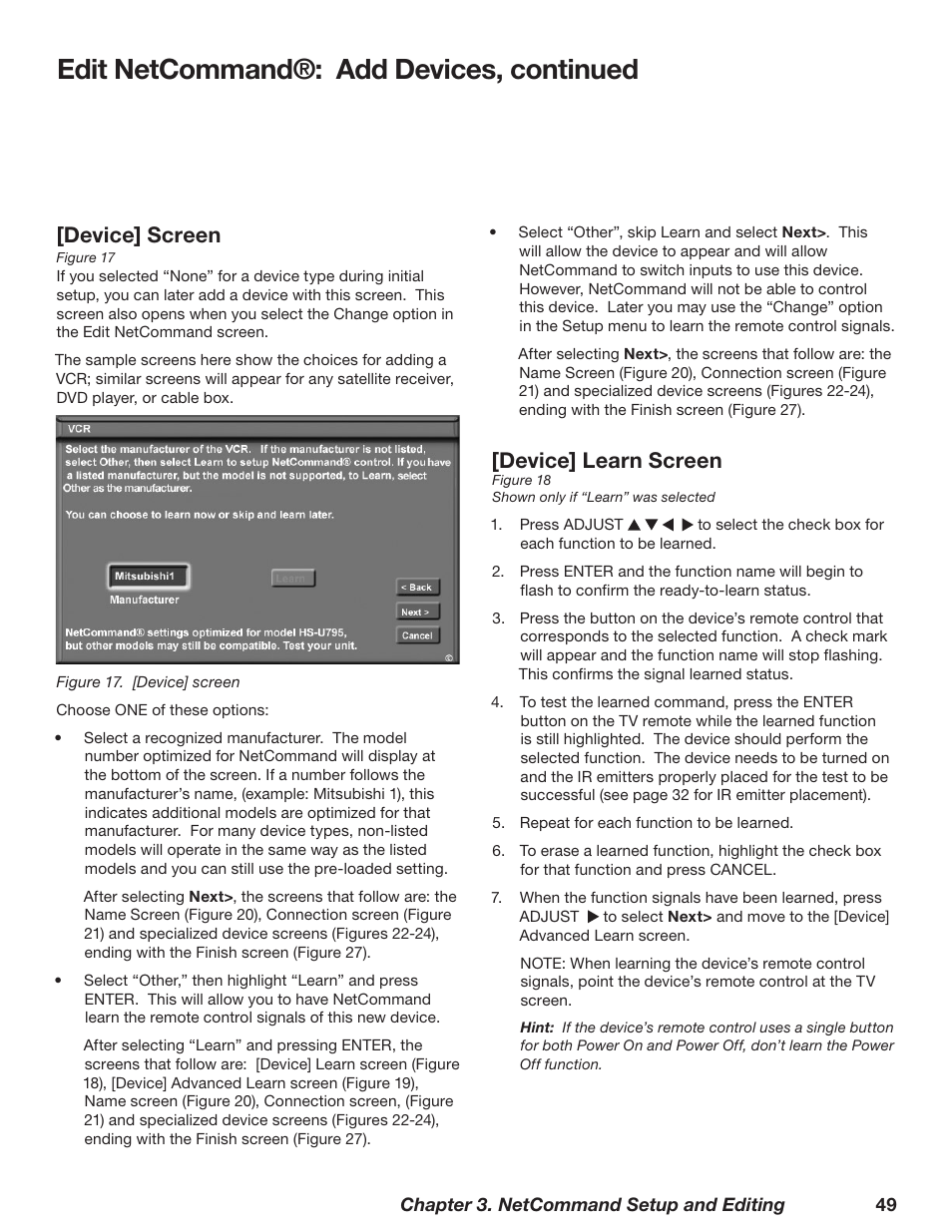 Edit netcommand®: add devices, continued, Device] screen, Device] learn screen | MITSUBISHI ELECTRIC WD-62628 User Manual | Page 49 / 124